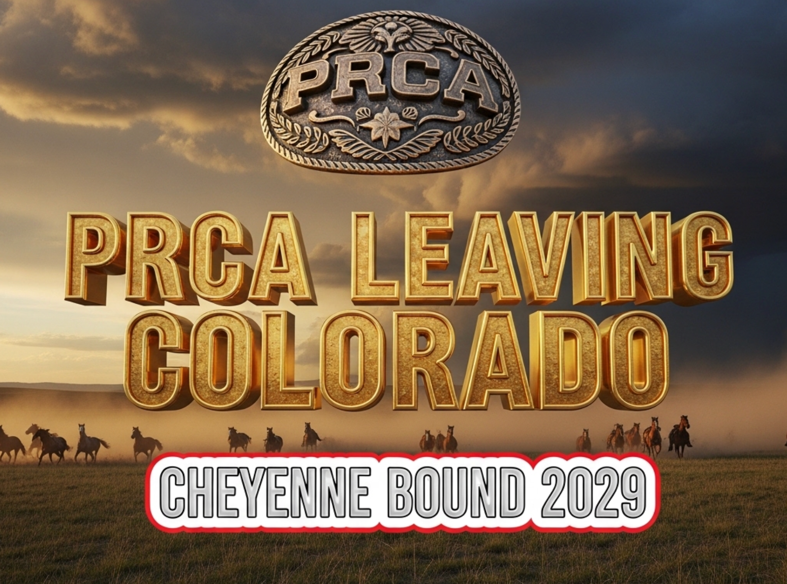 A viral, hyper-realistic YouTube thumbnail with a dramatic Western atmosphere. The background is a sweeping Wyoming prairie at golden hour with massive storm clouds rolling in and dust kicking up from stampeding horses. The composition uses a dramatic low-angle shot to focus on the main subject: a massive, weathered bronze PRCA buckle floating in the sky like a setting sun. The image features massive 3D typography with strict hierarchy: The Primary Text reads exactly: 'PRCA LEAVING COLORADO'. This text is massive, the largest element in the frame, rendered in molten gold with glowing edges to look like a high-budget 3D render. The Secondary Text reads exactly: 'CHEYENNE BOUND 2029'. This text is significantly smaller, positioned below the main text. It features a thick white border with red outline sticker style to contrast against the dramatic sky. Make sure text 2 is always different theme, style, effect and border compared to text 1. The text materials correspond to the story's concept. Crucial Instruction: There is absolutely NO other text, numbers, watermarks, or subtitles in this image other than these two specific lines. 8k, Unreal Engine 5, cinematic render.