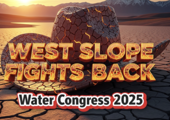 A viral, hyper-realistic YouTube thumbnail with a dramatic Western drought atmosphere. The background is a cracked dry reservoir bed under blazing orange sunset with distant Rocky Mountain peaks losing snow. The composition uses a low dramatic angle to focus on the main subject: a massive weathered cowboy hat made of cracked red earth resting on parched ground. The image features massive 3D typography with strict hierarchy: The Primary Text reads exactly: 'WEST SLOPE FIGHTS BACK'. This text is massive, the largest element in the frame, rendered in molten ember-orange chrome with glowing cracks like lava. The Secondary Text reads exactly: 'Water Congress 2025'. This text is significantly smaller, positioned below the main text with thick white outline and red drop shadow sticker style. The text materials correspond to the story's concept. Crucial Instruction: There is absolutely NO other text, numbers, watermarks, or subtitles in this image other than these two specific lines. 8k, Unreal Engine 5, cinematic render.