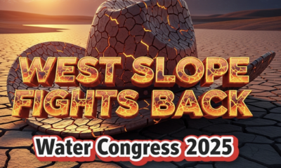 A viral, hyper-realistic YouTube thumbnail with a dramatic Western drought atmosphere. The background is a cracked dry reservoir bed under blazing orange sunset with distant Rocky Mountain peaks losing snow. The composition uses a low dramatic angle to focus on the main subject: a massive weathered cowboy hat made of cracked red earth resting on parched ground. The image features massive 3D typography with strict hierarchy: The Primary Text reads exactly: 'WEST SLOPE FIGHTS BACK'. This text is massive, the largest element in the frame, rendered in molten ember-orange chrome with glowing cracks like lava. The Secondary Text reads exactly: 'Water Congress 2025'. This text is significantly smaller, positioned below the main text with thick white outline and red drop shadow sticker style. The text materials correspond to the story's concept. Crucial Instruction: There is absolutely NO other text, numbers, watermarks, or subtitles in this image other than these two specific lines. 8k, Unreal Engine 5, cinematic render.