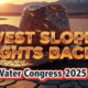 A viral, hyper-realistic YouTube thumbnail with a dramatic Western drought atmosphere. The background is a cracked dry reservoir bed under blazing orange sunset with distant Rocky Mountain peaks losing snow. The composition uses a low dramatic angle to focus on the main subject: a massive weathered cowboy hat made of cracked red earth resting on parched ground. The image features massive 3D typography with strict hierarchy: The Primary Text reads exactly: 'WEST SLOPE FIGHTS BACK'. This text is massive, the largest element in the frame, rendered in molten ember-orange chrome with glowing cracks like lava. The Secondary Text reads exactly: 'Water Congress 2025'. This text is significantly smaller, positioned below the main text with thick white outline and red drop shadow sticker style. The text materials correspond to the story's concept. Crucial Instruction: There is absolutely NO other text, numbers, watermarks, or subtitles in this image other than these two specific lines. 8k, Unreal Engine 5, cinematic render.