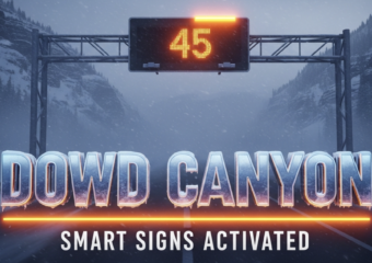 A viral, hyper-realistic YouTube thumbnail with a dramatic winter storm atmosphere. The background is a snow-swept Colorado mountain canyon at dusk with heavy blowing snow and low visibility on I-70. The composition uses a dramatic low-angle shot looking up the highway to focus on the main subject: a large glowing LED variable speed limit sign displaying "45" with bright flashing orange beacons cutting through the blizzard. The image features massive 3D typography with strict hierarchy: The Primary Text reads exactly: 'DOWD CANYON'. This text is massive, the largest element in the frame, rendered in icy chrome with frost and snow accumulation to look like a high-budget 3D render. The Secondary Text reads exactly: 'SMART SIGNS ACTIVATED'. This text is significantly smaller, positioned below the main text with a thick glowing orange border to match the beacons. 8k, Unreal Engine 5, cinematic render.