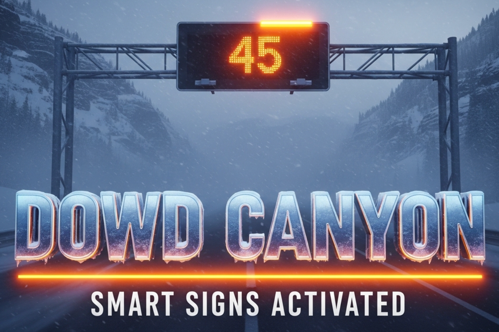 A viral, hyper-realistic YouTube thumbnail with a dramatic winter storm atmosphere. The background is a snow-swept Colorado mountain canyon at dusk with heavy blowing snow and low visibility on I-70. The composition uses a dramatic low-angle shot looking up the highway to focus on the main subject: a large glowing LED variable speed limit sign displaying "45" with bright flashing orange beacons cutting through the blizzard. The image features massive 3D typography with strict hierarchy: The Primary Text reads exactly: 'DOWD CANYON'. This text is massive, the largest element in the frame, rendered in icy chrome with frost and snow accumulation to look like a high-budget 3D render. The Secondary Text reads exactly: 'SMART SIGNS ACTIVATED'. This text is significantly smaller, positioned below the main text with a thick glowing orange border to match the beacons. 8k, Unreal Engine 5, cinematic render.