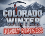 A viral, hyper-realistic YouTube thumbnail with a dramatic alpine winter atmosphere. The background is a menacing, storm-lit Colorado 14er ridge with wind-blasted snow plumes and dark lenticular clouds. The composition uses a low-angle cinematic shot to focus on the main subject: a battle-worn ice axe planted aggressively in bullet-hard snow, with cracking slabs radiating from the blade. The image features massive 3D typography with strict hierarchy: The Primary Text reads exactly: 'COLORADO WINTER'. This text is massive, the largest element in the frame, rendered in frozen chrome with icicles dripping from the letters to look like a high-budget 3D render. The Secondary Text reads exactly: 'DEADLY MISTAKES'. This text is significantly smaller, positioned below the main text. It features a thick, blood-red glowing border/outline (sticker style) to contrast against the background. Make sure text 2 is always different theme, style, effect and border compared to text 1. The text materials correspond to the story's concept. Crucial Instruction: There is absolutely NO other text, numbers, watermarks, or subtitles in this image other than these two specific lines. 8k, Unreal Engine 5, cinematic render.