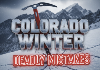 A viral, hyper-realistic YouTube thumbnail with a dramatic alpine winter atmosphere. The background is a menacing, storm-lit Colorado 14er ridge with wind-blasted snow plumes and dark lenticular clouds. The composition uses a low-angle cinematic shot to focus on the main subject: a battle-worn ice axe planted aggressively in bullet-hard snow, with cracking slabs radiating from the blade. The image features massive 3D typography with strict hierarchy: The Primary Text reads exactly: 'COLORADO WINTER'. This text is massive, the largest element in the frame, rendered in frozen chrome with icicles dripping from the letters to look like a high-budget 3D render. The Secondary Text reads exactly: 'DEADLY MISTAKES'. This text is significantly smaller, positioned below the main text. It features a thick, blood-red glowing border/outline (sticker style) to contrast against the background. Make sure text 2 is always different theme, style, effect and border compared to text 1. The text materials correspond to the story's concept. Crucial Instruction: There is absolutely NO other text, numbers, watermarks, or subtitles in this image other than these two specific lines. 8k, Unreal Engine 5, cinematic render.