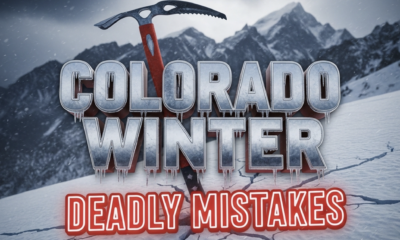 A viral, hyper-realistic YouTube thumbnail with a dramatic alpine winter atmosphere. The background is a menacing, storm-lit Colorado 14er ridge with wind-blasted snow plumes and dark lenticular clouds. The composition uses a low-angle cinematic shot to focus on the main subject: a battle-worn ice axe planted aggressively in bullet-hard snow, with cracking slabs radiating from the blade. The image features massive 3D typography with strict hierarchy: The Primary Text reads exactly: 'COLORADO WINTER'. This text is massive, the largest element in the frame, rendered in frozen chrome with icicles dripping from the letters to look like a high-budget 3D render. The Secondary Text reads exactly: 'DEADLY MISTAKES'. This text is significantly smaller, positioned below the main text. It features a thick, blood-red glowing border/outline (sticker style) to contrast against the background. Make sure text 2 is always different theme, style, effect and border compared to text 1. The text materials correspond to the story's concept. Crucial Instruction: There is absolutely NO other text, numbers, watermarks, or subtitles in this image other than these two specific lines. 8k, Unreal Engine 5, cinematic render.