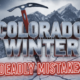 A viral, hyper-realistic YouTube thumbnail with a dramatic alpine winter atmosphere. The background is a menacing, storm-lit Colorado 14er ridge with wind-blasted snow plumes and dark lenticular clouds. The composition uses a low-angle cinematic shot to focus on the main subject: a battle-worn ice axe planted aggressively in bullet-hard snow, with cracking slabs radiating from the blade. The image features massive 3D typography with strict hierarchy: The Primary Text reads exactly: 'COLORADO WINTER'. This text is massive, the largest element in the frame, rendered in frozen chrome with icicles dripping from the letters to look like a high-budget 3D render. The Secondary Text reads exactly: 'DEADLY MISTAKES'. This text is significantly smaller, positioned below the main text. It features a thick, blood-red glowing border/outline (sticker style) to contrast against the background. Make sure text 2 is always different theme, style, effect and border compared to text 1. The text materials correspond to the story's concept. Crucial Instruction: There is absolutely NO other text, numbers, watermarks, or subtitles in this image other than these two specific lines. 8k, Unreal Engine 5, cinematic render.