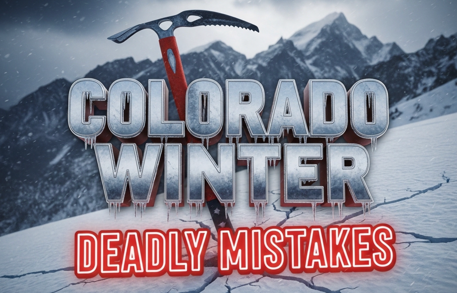 A viral, hyper-realistic YouTube thumbnail with a dramatic alpine winter atmosphere. The background is a menacing, storm-lit Colorado 14er ridge with wind-blasted snow plumes and dark lenticular clouds. The composition uses a low-angle cinematic shot to focus on the main subject: a battle-worn ice axe planted aggressively in bullet-hard snow, with cracking slabs radiating from the blade. The image features massive 3D typography with strict hierarchy: The Primary Text reads exactly: 'COLORADO WINTER'. This text is massive, the largest element in the frame, rendered in frozen chrome with icicles dripping from the letters to look like a high-budget 3D render. The Secondary Text reads exactly: 'DEADLY MISTAKES'. This text is significantly smaller, positioned below the main text. It features a thick, blood-red glowing border/outline (sticker style) to contrast against the background. Make sure text 2 is always different theme, style, effect and border compared to text 1. The text materials correspond to the story's concept. Crucial Instruction: There is absolutely NO other text, numbers, watermarks, or subtitles in this image other than these two specific lines. 8k, Unreal Engine 5, cinematic render.