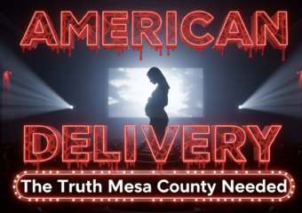 A viral, hyper-realistic YouTube thumbnail with a dramatic cinematic documentary atmosphere. The background is a dark intimate theater in Grand Junction with soft red seat glows and subtle projector light beams cutting through haze. The composition uses a low-angle shot to focus on the main subject: a large glowing movie screen showing a silhouette of a pregnant woman in distress holding her belly. The image features massive 3D typography with strict hierarchy: The Primary Text reads exactly: 'AMERICAN DELIVERY'. This text is massive, the largest element in the frame, rendered in cracked blood-red neon glass with dripping liquid effect to look like a high-budget horror-drama render. The Secondary Text reads exactly: 'The Truth Mesa County Needed'. This text is significantly smaller, positioned below the main text. It features a thick white outline with pulsing emergency-red glow border to contrast against the dark background. The text materials correspond to the story's concept. Crucial Instruction: There is absolutely NO other text, numbers, watermarks, or subtitles in this image other than these two specific lines. 8k, Unreal Engine 5, cinematic render.