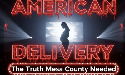 A viral, hyper-realistic YouTube thumbnail with a dramatic cinematic documentary atmosphere. The background is a dark intimate theater in Grand Junction with soft red seat glows and subtle projector light beams cutting through haze. The composition uses a low-angle shot to focus on the main subject: a large glowing movie screen showing a silhouette of a pregnant woman in distress holding her belly. The image features massive 3D typography with strict hierarchy: The Primary Text reads exactly: 'AMERICAN DELIVERY'. This text is massive, the largest element in the frame, rendered in cracked blood-red neon glass with dripping liquid effect to look like a high-budget horror-drama render. The Secondary Text reads exactly: 'The Truth Mesa County Needed'. This text is significantly smaller, positioned below the main text. It features a thick white outline with pulsing emergency-red glow border to contrast against the dark background. The text materials correspond to the story's concept. Crucial Instruction: There is absolutely NO other text, numbers, watermarks, or subtitles in this image other than these two specific lines. 8k, Unreal Engine 5, cinematic render.