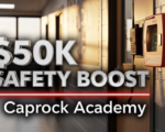 A viral, hyper-realistic YouTube thumbnail with a serious protective atmosphere. The background is a modern school hallway in Grand Junction Colorado at golden hour with warm sunlight streaming through new safety windows. The composition uses a dramatic low-angle shot to focus on the main subject: a sleek black two-way radio and a red AED unit mounted on the wall beside a classroom door with fresh one-way privacy film. The image features massive 3D typography with strict hierarchy: The Primary Text reads exactly: '$50K SAFETY BOOST'. This text is massive, the largest element in the frame, rendered in brushed steel chrome to look like a high-budget 3D render. The Secondary Text reads exactly: 'Caprock Academy'. This text is significantly smaller, positioned below the main text. It features a thick, glowing red border/outline to contrast against the background. Make sure text 2 is always different theme, style, effect and border compared to text 1. The text materials correspond to the story's concept. Crucial Instruction: There is absolutely NO other text, numbers, watermarks, or subtitles in this image other than these two specific lines. 8k, Unreal Engine 5, cinematic render