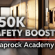 A viral, hyper-realistic YouTube thumbnail with a serious protective atmosphere. The background is a modern school hallway in Grand Junction Colorado at golden hour with warm sunlight streaming through new safety windows. The composition uses a dramatic low-angle shot to focus on the main subject: a sleek black two-way radio and a red AED unit mounted on the wall beside a classroom door with fresh one-way privacy film. The image features massive 3D typography with strict hierarchy: The Primary Text reads exactly: '$50K SAFETY BOOST'. This text is massive, the largest element in the frame, rendered in brushed steel chrome to look like a high-budget 3D render. The Secondary Text reads exactly: 'Caprock Academy'. This text is significantly smaller, positioned below the main text. It features a thick, glowing red border/outline to contrast against the background. Make sure text 2 is always different theme, style, effect and border compared to text 1. The text materials correspond to the story's concept. Crucial Instruction: There is absolutely NO other text, numbers, watermarks, or subtitles in this image other than these two specific lines. 8k, Unreal Engine 5, cinematic render