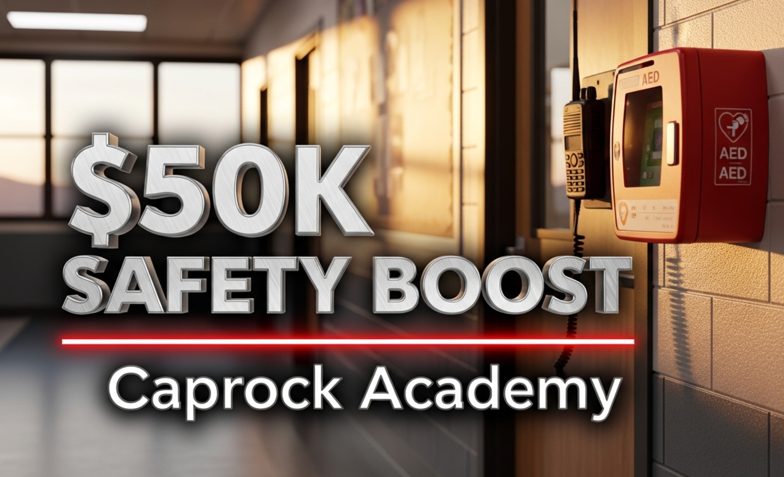A viral, hyper-realistic YouTube thumbnail with a serious protective atmosphere. The background is a modern school hallway in Grand Junction Colorado at golden hour with warm sunlight streaming through new safety windows. The composition uses a dramatic low-angle shot to focus on the main subject: a sleek black two-way radio and a red AED unit mounted on the wall beside a classroom door with fresh one-way privacy film. The image features massive 3D typography with strict hierarchy: The Primary Text reads exactly: '$50K SAFETY BOOST'. This text is massive, the largest element in the frame, rendered in brushed steel chrome to look like a high-budget 3D render. The Secondary Text reads exactly: 'Caprock Academy'. This text is significantly smaller, positioned below the main text. It features a thick, glowing red border/outline to contrast against the background. Make sure text 2 is always different theme, style, effect and border compared to text 1. The text materials correspond to the story's concept. Crucial Instruction: There is absolutely NO other text, numbers, watermarks, or subtitles in this image other than these two specific lines. 8k, Unreal Engine 5, cinematic render