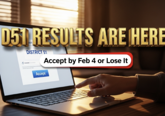 A viral, hyper-realistic YouTube thumbnail with a tense, high-stakes atmosphere. The background is a dramatic Grand Junction living room at dawn with warm sunrise light cutting through blinds onto a laptop screen glowing with the District 51 email. The composition uses a dramatic low-angle shot to focus on the main subject: a faceless parent’s hand hovering over the keyboard, finger about to click “Accept.” The image features massive 3D typography with strict hierarchy: The Primary Text reads exactly: 'D51 RESULTS ARE HERE'. This text is massive, the largest element in the frame, rendered in molten gold chrome to look like a high-budget 3D render. The Secondary Text reads exactly: 'Accept by Feb 4 or Lose It'. This text is significantly smaller, positioned below the main text. It features a thick, urgent red border/outline (sticker style) to contrast against the background. Make sure text 2 is always different theme, style, effect and border compared to text 1. The text materials correspond to the story's concept. Crucial Instruction: There is absolutely NO other text, numbers, watermarks, or subtitles in this image other than these two specific lines. 8k, Unreal Engine 5, cinematic render.
