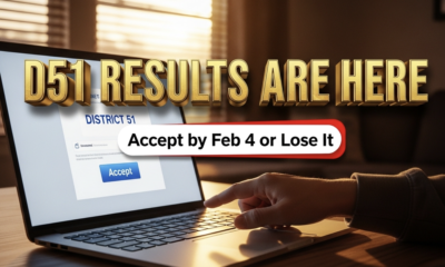 A viral, hyper-realistic YouTube thumbnail with a tense, high-stakes atmosphere. The background is a dramatic Grand Junction living room at dawn with warm sunrise light cutting through blinds onto a laptop screen glowing with the District 51 email. The composition uses a dramatic low-angle shot to focus on the main subject: a faceless parent’s hand hovering over the keyboard, finger about to click “Accept.” The image features massive 3D typography with strict hierarchy: The Primary Text reads exactly: 'D51 RESULTS ARE HERE'. This text is massive, the largest element in the frame, rendered in molten gold chrome to look like a high-budget 3D render. The Secondary Text reads exactly: 'Accept by Feb 4 or Lose It'. This text is significantly smaller, positioned below the main text. It features a thick, urgent red border/outline (sticker style) to contrast against the background. Make sure text 2 is always different theme, style, effect and border compared to text 1. The text materials correspond to the story's concept. Crucial Instruction: There is absolutely NO other text, numbers, watermarks, or subtitles in this image other than these two specific lines. 8k, Unreal Engine 5, cinematic render.