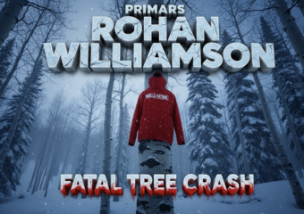 A viral, hyper-realistic YouTube thumbnail with a somber winter sports atmosphere. The background is a snow-covered alpine forest at Snowmass with fresh powder and bare aspen trees under cold blue daylight filtering through storm clouds. The composition uses a low-angle shot looking up through snow-laden branches to focus on the main subject: a bright red ski patrol jacket caught on a tree trunk with fresh snow falling around it. The image features massive 3D typography with strict hierarchy: The Primary Text reads exactly: 'ROHAN WILLIAMSON'. This text is massive, the largest element in the frame, rendered in frozen ice with cracks and frost to look like a high-budget 3D render. The Secondary Text reads exactly: 'FATAL TREE CRASH'. This text is significantly smaller, positioned below the main text with a thick blood-red outline and subtle dripping effect to contrast against the snowy background. The text materials correspond to the story's concept. Crucial Instruction: There is absolutely NO other text, numbers, watermarks, or subtitles in this image other than these two specific lines. 8k, Unreal Engine 5, cinematic render.