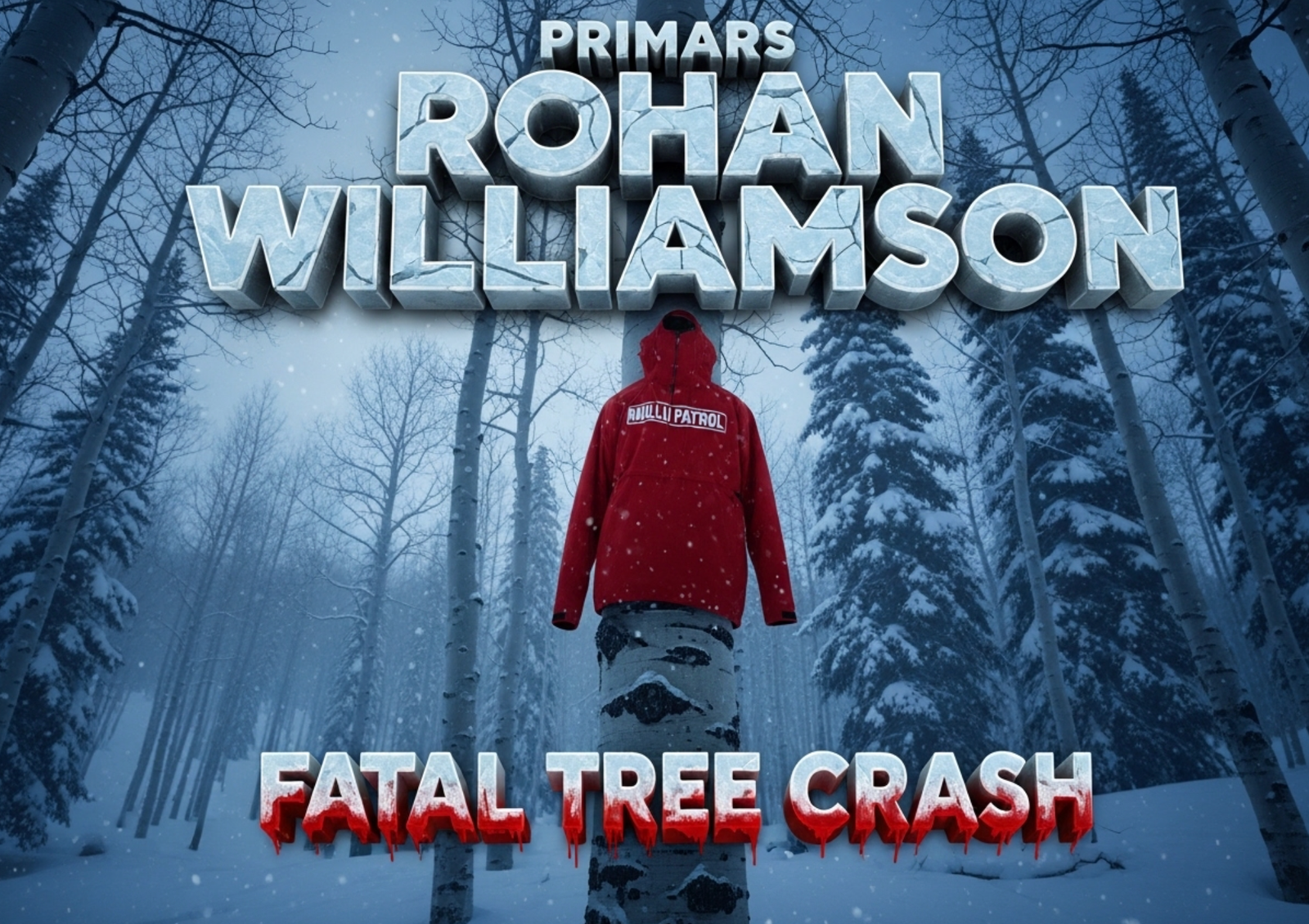 A viral, hyper-realistic YouTube thumbnail with a somber winter sports atmosphere. The background is a snow-covered alpine forest at Snowmass with fresh powder and bare aspen trees under cold blue daylight filtering through storm clouds. The composition uses a low-angle shot looking up through snow-laden branches to focus on the main subject: a bright red ski patrol jacket caught on a tree trunk with fresh snow falling around it. The image features massive 3D typography with strict hierarchy: The Primary Text reads exactly: 'ROHAN WILLIAMSON'. This text is massive, the largest element in the frame, rendered in frozen ice with cracks and frost to look like a high-budget 3D render. The Secondary Text reads exactly: 'FATAL TREE CRASH'. This text is significantly smaller, positioned below the main text with a thick blood-red outline and subtle dripping effect to contrast against the snowy background. The text materials correspond to the story's concept. Crucial Instruction: There is absolutely NO other text, numbers, watermarks, or subtitles in this image other than these two specific lines. 8k, Unreal Engine 5, cinematic render.
