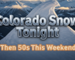 A viral, hyper-realistic YouTube thumbnail with a dramatic winter-to-spring atmosphere. The background is a sweeping panoramic view of the snow-dusted San Juan Mountains at twilight with fresh powder glowing under golden hour light and low clouds racing across the peaks. The composition uses a low-angle cinematic shot to focus on the main subject: a massive, pristine pile of fresh mountain snow in the foreground shaped almost like a breaking wave. The image features massive 3D typography with strict hierarchy: The Primary Text reads exactly: 'Colorado Snow Tonight'. This text is massive, the largest element in the frame, rendered in icy chrome with realistic frost and snow accumulation on the letters to look like a high-budget 3D render. The Secondary Text reads exactly: 'Then 50s This Weekend'. This text is significantly smaller, positioned below the main text. It features a thick, glowing orange border/outline (sticker style) to contrast against the cold background. Make sure text 2 is always different theme, style, effect and border compared to text 1. The text materials correspond to the story's concept. Crucial Instruction: There is absolutely NO other text, numbers, watermarks, or subtitles in this image other than these two specific lines. 8k, Unreal Engine 5, cinematic render.