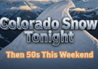A viral, hyper-realistic YouTube thumbnail with a dramatic winter-to-spring atmosphere. The background is a sweeping panoramic view of the snow-dusted San Juan Mountains at twilight with fresh powder glowing under golden hour light and low clouds racing across the peaks. The composition uses a low-angle cinematic shot to focus on the main subject: a massive, pristine pile of fresh mountain snow in the foreground shaped almost like a breaking wave. The image features massive 3D typography with strict hierarchy: The Primary Text reads exactly: 'Colorado Snow Tonight'. This text is massive, the largest element in the frame, rendered in icy chrome with realistic frost and snow accumulation on the letters to look like a high-budget 3D render. The Secondary Text reads exactly: 'Then 50s This Weekend'. This text is significantly smaller, positioned below the main text. It features a thick, glowing orange border/outline (sticker style) to contrast against the cold background. Make sure text 2 is always different theme, style, effect and border compared to text 1. The text materials correspond to the story's concept. Crucial Instruction: There is absolutely NO other text, numbers, watermarks, or subtitles in this image other than these two specific lines. 8k, Unreal Engine 5, cinematic render.