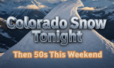 A viral, hyper-realistic YouTube thumbnail with a dramatic winter-to-spring atmosphere. The background is a sweeping panoramic view of the snow-dusted San Juan Mountains at twilight with fresh powder glowing under golden hour light and low clouds racing across the peaks. The composition uses a low-angle cinematic shot to focus on the main subject: a massive, pristine pile of fresh mountain snow in the foreground shaped almost like a breaking wave. The image features massive 3D typography with strict hierarchy: The Primary Text reads exactly: 'Colorado Snow Tonight'. This text is massive, the largest element in the frame, rendered in icy chrome with realistic frost and snow accumulation on the letters to look like a high-budget 3D render. The Secondary Text reads exactly: 'Then 50s This Weekend'. This text is significantly smaller, positioned below the main text. It features a thick, glowing orange border/outline (sticker style) to contrast against the cold background. Make sure text 2 is always different theme, style, effect and border compared to text 1. The text materials correspond to the story's concept. Crucial Instruction: There is absolutely NO other text, numbers, watermarks, or subtitles in this image other than these two specific lines. 8k, Unreal Engine 5, cinematic render.