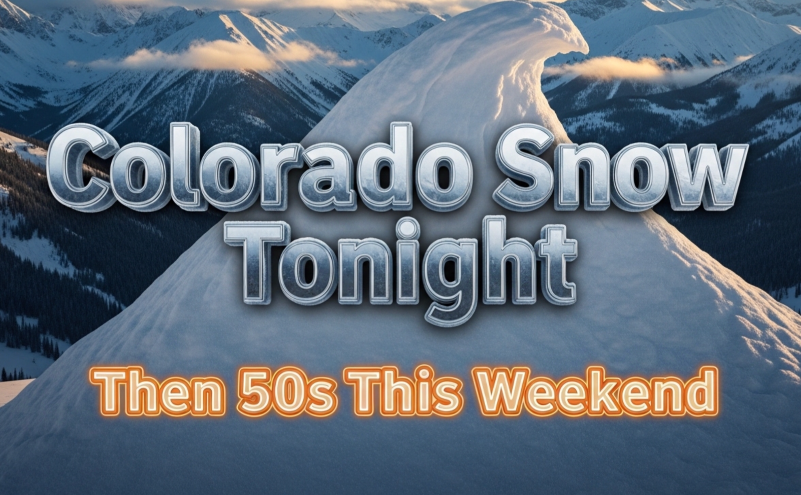 A viral, hyper-realistic YouTube thumbnail with a dramatic winter-to-spring atmosphere. The background is a sweeping panoramic view of the snow-dusted San Juan Mountains at twilight with fresh powder glowing under golden hour light and low clouds racing across the peaks. The composition uses a low-angle cinematic shot to focus on the main subject: a massive, pristine pile of fresh mountain snow in the foreground shaped almost like a breaking wave. The image features massive 3D typography with strict hierarchy: The Primary Text reads exactly: 'Colorado Snow Tonight'. This text is massive, the largest element in the frame, rendered in icy chrome with realistic frost and snow accumulation on the letters to look like a high-budget 3D render. The Secondary Text reads exactly: 'Then 50s This Weekend'. This text is significantly smaller, positioned below the main text. It features a thick, glowing orange border/outline (sticker style) to contrast against the cold background. Make sure text 2 is always different theme, style, effect and border compared to text 1. The text materials correspond to the story's concept. Crucial Instruction: There is absolutely NO other text, numbers, watermarks, or subtitles in this image other than these two specific lines. 8k, Unreal Engine 5, cinematic render.