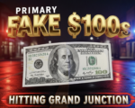 A viral,engine hyper-realistic YouTube thumbnail with a tense crime-alert atmosphere. The background is a dark downtown Grand Junction street at night with red and blue police light glows reflecting off wet pavement after rain. The composition uses a dramatic low-angle shot to focus on the main subject: a crisp U.S. $100 bill floating in mid-air, half real and half bleached ghostly white to reveal the scam. The image features massive 3D typography with strict hierarchy: The Primary Text reads exactly: 'FAKE $100s'. This text is massive, the largest element in the frame, rendered in molten gold chrome with dramatic edge lighting to look like a high-budget 3D render. The Secondary Text reads exactly: 'HITTING GRAND JUNCTION'. This text is significantly smaller, positioned below the main text with a bold red warning-sticker outline and slight vibration effect. The text materials scream urgency and money crime. Crucial Instruction: There is absolutely NO other text, numbers, watermarks, or subtitles in this image other than these two specific lines. 8k, Unreal Engine 5, cinematic render.