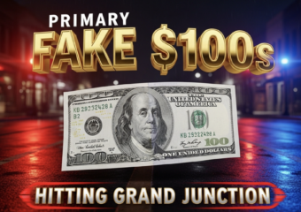 A viral,engine hyper-realistic YouTube thumbnail with a tense crime-alert atmosphere. The background is a dark downtown Grand Junction street at night with red and blue police light glows reflecting off wet pavement after rain. The composition uses a dramatic low-angle shot to focus on the main subject: a crisp U.S. $100 bill floating in mid-air, half real and half bleached ghostly white to reveal the scam. The image features massive 3D typography with strict hierarchy: The Primary Text reads exactly: 'FAKE $100s'. This text is massive, the largest element in the frame, rendered in molten gold chrome with dramatic edge lighting to look like a high-budget 3D render. The Secondary Text reads exactly: 'HITTING GRAND JUNCTION'. This text is significantly smaller, positioned below the main text with a bold red warning-sticker outline and slight vibration effect. The text materials scream urgency and money crime. Crucial Instruction: There is absolutely NO other text, numbers, watermarks, or subtitles in this image other than these two specific lines. 8k, Unreal Engine 5, cinematic render.