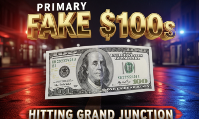 A viral,engine hyper-realistic YouTube thumbnail with a tense crime-alert atmosphere. The background is a dark downtown Grand Junction street at night with red and blue police light glows reflecting off wet pavement after rain. The composition uses a dramatic low-angle shot to focus on the main subject: a crisp U.S. $100 bill floating in mid-air, half real and half bleached ghostly white to reveal the scam. The image features massive 3D typography with strict hierarchy: The Primary Text reads exactly: 'FAKE $100s'. This text is massive, the largest element in the frame, rendered in molten gold chrome with dramatic edge lighting to look like a high-budget 3D render. The Secondary Text reads exactly: 'HITTING GRAND JUNCTION'. This text is significantly smaller, positioned below the main text with a bold red warning-sticker outline and slight vibration effect. The text materials scream urgency and money crime. Crucial Instruction: There is absolutely NO other text, numbers, watermarks, or subtitles in this image other than these two specific lines. 8k, Unreal Engine 5, cinematic render.