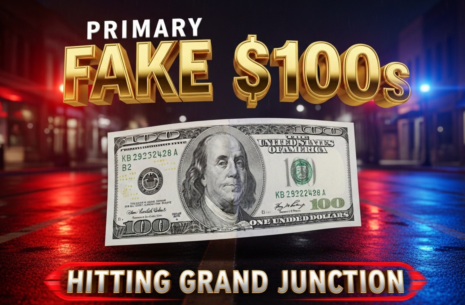 A viral,engine hyper-realistic YouTube thumbnail with a tense crime-alert atmosphere. The background is a dark downtown Grand Junction street at night with red and blue police light glows reflecting off wet pavement after rain. The composition uses a dramatic low-angle shot to focus on the main subject: a crisp U.S. $100 bill floating in mid-air, half real and half bleached ghostly white to reveal the scam. The image features massive 3D typography with strict hierarchy: The Primary Text reads exactly: 'FAKE $100s'. This text is massive, the largest element in the frame, rendered in molten gold chrome with dramatic edge lighting to look like a high-budget 3D render. The Secondary Text reads exactly: 'HITTING GRAND JUNCTION'. This text is significantly smaller, positioned below the main text with a bold red warning-sticker outline and slight vibration effect. The text materials scream urgency and money crime. Crucial Instruction: There is absolutely NO other text, numbers, watermarks, or subtitles in this image other than these two specific lines. 8k, Unreal Engine 5, cinematic render.