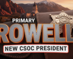 A viral, hyper-realistic YouTube thumbnail with a rugged Western law-enforcement atmosphere. The background is a dramatic Colorado mountain sunset behind the Mesa County courthouse with red rock formations glowing. The composition uses a low-angle cinematic shot to focus on the main subject: a highly detailed sheriff’s star badge pinned to worn leather. The image features massive 3D typography with strict hierarchy: The Primary Text reads exactly: 'ROWELL'. This text is massive, the largest element in the frame, rendered in brushed gunmetal steel with glowing orange edges like hot iron. The Secondary Text reads exactly: 'NEW CSOC PRESIDENT'. This text is significantly smaller, positioned below the main text with a thick white border and red outline sticker style to contrast against the sunset sky. The text materials correspond to the story's concept. Crucial Instruction: There is absolutely NO other text, numbers, watermarks, or subtitles in this image other than these two specific lines. 8k, Unreal Engine 5, cinematic render.