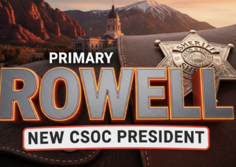 A viral, hyper-realistic YouTube thumbnail with a rugged Western law-enforcement atmosphere. The background is a dramatic Colorado mountain sunset behind the Mesa County courthouse with red rock formations glowing. The composition uses a low-angle cinematic shot to focus on the main subject: a highly detailed sheriff’s star badge pinned to worn leather. The image features massive 3D typography with strict hierarchy: The Primary Text reads exactly: 'ROWELL'. This text is massive, the largest element in the frame, rendered in brushed gunmetal steel with glowing orange edges like hot iron. The Secondary Text reads exactly: 'NEW CSOC PRESIDENT'. This text is significantly smaller, positioned below the main text with a thick white border and red outline sticker style to contrast against the sunset sky. The text materials correspond to the story's concept. Crucial Instruction: There is absolutely NO other text, numbers, watermarks, or subtitles in this image other than these two specific lines. 8k, Unreal Engine 5, cinematic render.