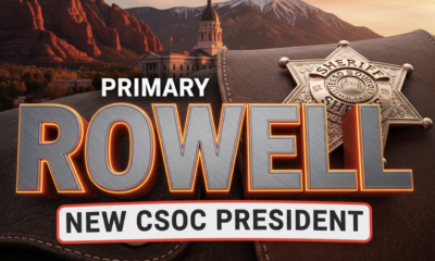 A viral, hyper-realistic YouTube thumbnail with a rugged Western law-enforcement atmosphere. The background is a dramatic Colorado mountain sunset behind the Mesa County courthouse with red rock formations glowing. The composition uses a low-angle cinematic shot to focus on the main subject: a highly detailed sheriff’s star badge pinned to worn leather. The image features massive 3D typography with strict hierarchy: The Primary Text reads exactly: 'ROWELL'. This text is massive, the largest element in the frame, rendered in brushed gunmetal steel with glowing orange edges like hot iron. The Secondary Text reads exactly: 'NEW CSOC PRESIDENT'. This text is significantly smaller, positioned below the main text with a thick white border and red outline sticker style to contrast against the sunset sky. The text materials correspond to the story's concept. Crucial Instruction: There is absolutely NO other text, numbers, watermarks, or subtitles in this image other than these two specific lines. 8k, Unreal Engine 5, cinematic render.