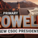 A viral, hyper-realistic YouTube thumbnail with a rugged Western law-enforcement atmosphere. The background is a dramatic Colorado mountain sunset behind the Mesa County courthouse with red rock formations glowing. The composition uses a low-angle cinematic shot to focus on the main subject: a highly detailed sheriff’s star badge pinned to worn leather. The image features massive 3D typography with strict hierarchy: The Primary Text reads exactly: 'ROWELL'. This text is massive, the largest element in the frame, rendered in brushed gunmetal steel with glowing orange edges like hot iron. The Secondary Text reads exactly: 'NEW CSOC PRESIDENT'. This text is significantly smaller, positioned below the main text with a thick white border and red outline sticker style to contrast against the sunset sky. The text materials correspond to the story's concept. Crucial Instruction: There is absolutely NO other text, numbers, watermarks, or subtitles in this image other than these two specific lines. 8k, Unreal Engine 5, cinematic render.