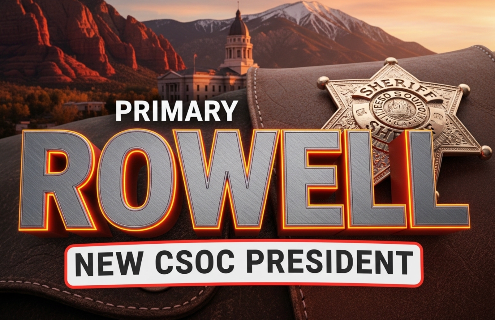A viral, hyper-realistic YouTube thumbnail with a rugged Western law-enforcement atmosphere. The background is a dramatic Colorado mountain sunset behind the Mesa County courthouse with red rock formations glowing. The composition uses a low-angle cinematic shot to focus on the main subject: a highly detailed sheriff’s star badge pinned to worn leather. The image features massive 3D typography with strict hierarchy: The Primary Text reads exactly: 'ROWELL'. This text is massive, the largest element in the frame, rendered in brushed gunmetal steel with glowing orange edges like hot iron. The Secondary Text reads exactly: 'NEW CSOC PRESIDENT'. This text is significantly smaller, positioned below the main text with a thick white border and red outline sticker style to contrast against the sunset sky. The text materials correspond to the story's concept. Crucial Instruction: There is absolutely NO other text, numbers, watermarks, or subtitles in this image other than these two specific lines. 8k, Unreal Engine 5, cinematic render.