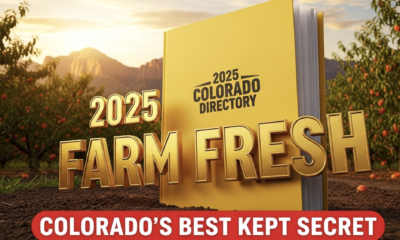A viral, hyper-realistic YouTube thumbnail with a warm, golden Western Slope summer atmosphere. The background is a sweeping Colorado orchard at magic hour with Palisade peach trees heavy with fruit and the Book Cliffs glowing in the distance under dramatic sunset light. The composition uses a low-angle heroic shot to focus on the main subject: a thick, bright yellow 2025 Colorado Farm Fresh Directory standing upright in rich soil, slightly open with pages fluttering. The Primary Text reads exactly: '2025 FARM FRESH'. This text is massive, rendered in glossy embossed gold metallic letters with real light reflections like a premium 3D render. The Secondary Text reads exactly: 'COLORADO'S BEST KEPT SECRET'. This text is smaller, positioned below in bold white with a vibrant red sticker-style outline and slight drop shadow to pop against the golden sky. 8k, Unreal Engine 5, cinematic render.
