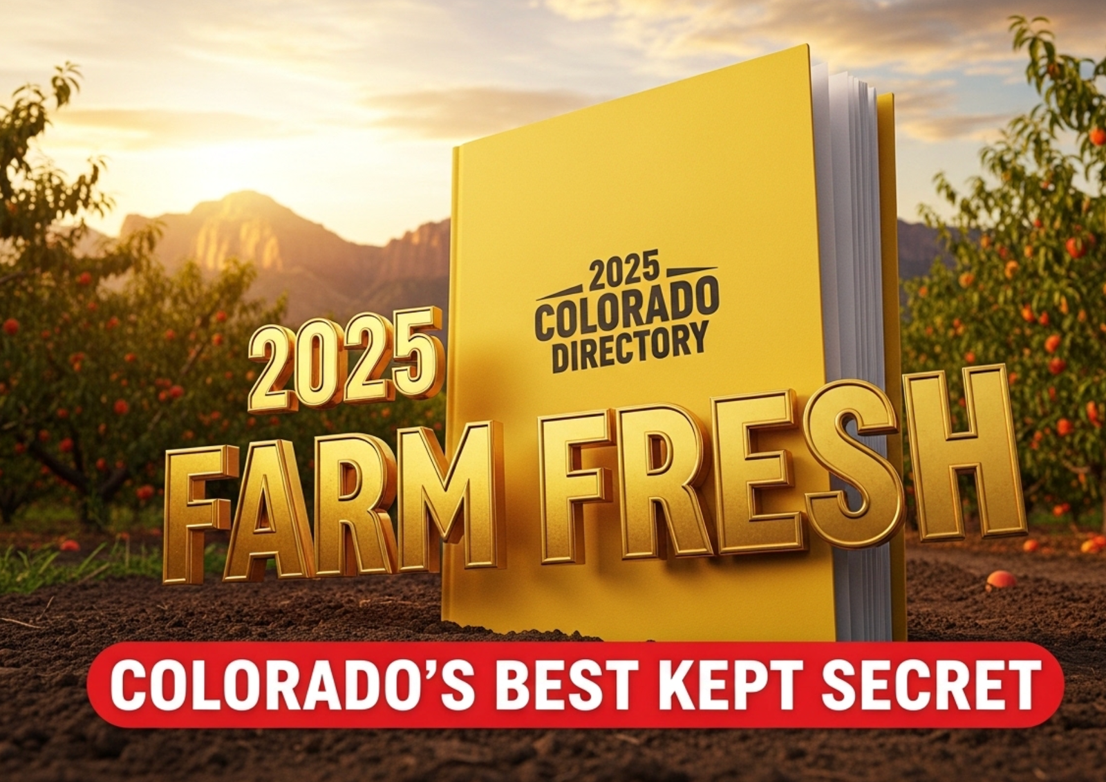 A viral, hyper-realistic YouTube thumbnail with a warm, golden Western Slope summer atmosphere. The background is a sweeping Colorado orchard at magic hour with Palisade peach trees heavy with fruit and the Book Cliffs glowing in the distance under dramatic sunset light. The composition uses a low-angle heroic shot to focus on the main subject: a thick, bright yellow 2025 Colorado Farm Fresh Directory standing upright in rich soil, slightly open with pages fluttering. The Primary Text reads exactly: '2025 FARM FRESH'. This text is massive, rendered in glossy embossed gold metallic letters with real light reflections like a premium 3D render. The Secondary Text reads exactly: 'COLORADO'S BEST KEPT SECRET'. This text is smaller, positioned below in bold white with a vibrant red sticker-style outline and slight drop shadow to pop against the golden sky. 8k, Unreal Engine 5, cinematic render.