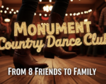 A viral, hyper-realistic YouTube thumbnail with a warm western nightlife atmosphere. The background is a packed Colorado cowboy bar at night with string lights, wooden floors, and a crowded dance floor blurred in motion. The composition uses a low-angle shot to focus on the main subject: a pair of well-worn cowboy boots mid-two-step on polished wood. The image features massive 3D typography with strict hierarchy: The Primary Text reads exactly: 'Monument Country Dance Club'. This text is massive, the largest element in the frame, rendered in glowing neon rope light style like real bar signage. The Secondary Text reads exactly: 'From 8 Friends to Family'. This text is significantly smaller, positioned below the main text with a thick white outline and slight drop shadow to pop against the background. The text materials correspond to the story's concept. Crucial Instruction: There is absolutely NO other text, numbers, watermarks, or subtitles in this image other than these two specific lines. 8k, Unreal Engine 5, cinematic render.