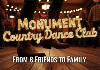 A viral, hyper-realistic YouTube thumbnail with a warm western nightlife atmosphere. The background is a packed Colorado cowboy bar at night with string lights, wooden floors, and a crowded dance floor blurred in motion. The composition uses a low-angle shot to focus on the main subject: a pair of well-worn cowboy boots mid-two-step on polished wood. The image features massive 3D typography with strict hierarchy: The Primary Text reads exactly: 'Monument Country Dance Club'. This text is massive, the largest element in the frame, rendered in glowing neon rope light style like real bar signage. The Secondary Text reads exactly: 'From 8 Friends to Family'. This text is significantly smaller, positioned below the main text with a thick white outline and slight drop shadow to pop against the background. The text materials correspond to the story's concept. Crucial Instruction: There is absolutely NO other text, numbers, watermarks, or subtitles in this image other than these two specific lines. 8k, Unreal Engine 5, cinematic render.
