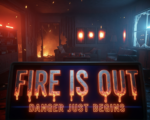 A viral, hyper-realistic YouTube thumbnail with a dark, intense cinematic atmosphere. The background is a smoke-filled burned living room at night with glowing orange embers still visible in torn-open walls, emergency lights flashing red and blue through broken windows. The composition uses a dramatic low-angle shot to focus on the main subject: a massive thermal imaging camera screen showing bright white hot spots inside blackened wall studs. The image features massive 3D typography with strict hierarchy: The Primary Text reads exactly: 'FIRE IS OUT'. This text is massive, the largest element in the frame, rendered in glowing molten metal dripping like lava. The Secondary Text reads exactly: 'DANGER JUST BEGINS'. This text is significantly smaller, positioned below the main text with thick neon-red outline and pulsing glow effect. The text materials correspond to the story's concept. Crucial Instruction: There is absolutely NO other text, numbers, watermarks, or subtitles in this image other than these two specific lines. 8k, Unreal Engine 5, cinematic render