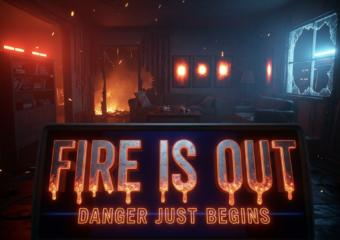 A viral, hyper-realistic YouTube thumbnail with a dark, intense cinematic atmosphere. The background is a smoke-filled burned living room at night with glowing orange embers still visible in torn-open walls, emergency lights flashing red and blue through broken windows. The composition uses a dramatic low-angle shot to focus on the main subject: a massive thermal imaging camera screen showing bright white hot spots inside blackened wall studs. The image features massive 3D typography with strict hierarchy: The Primary Text reads exactly: 'FIRE IS OUT'. This text is massive, the largest element in the frame, rendered in glowing molten metal dripping like lava. The Secondary Text reads exactly: 'DANGER JUST BEGINS'. This text is significantly smaller, positioned below the main text with thick neon-red outline and pulsing glow effect. The text materials correspond to the story's concept. Crucial Instruction: There is absolutely NO other text, numbers, watermarks, or subtitles in this image other than these two specific lines. 8k, Unreal Engine 5, cinematic render