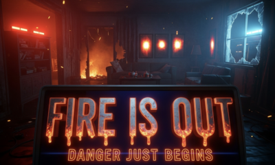 A viral, hyper-realistic YouTube thumbnail with a dark, intense cinematic atmosphere. The background is a smoke-filled burned living room at night with glowing orange embers still visible in torn-open walls, emergency lights flashing red and blue through broken windows. The composition uses a dramatic low-angle shot to focus on the main subject: a massive thermal imaging camera screen showing bright white hot spots inside blackened wall studs. The image features massive 3D typography with strict hierarchy: The Primary Text reads exactly: 'FIRE IS OUT'. This text is massive, the largest element in the frame, rendered in glowing molten metal dripping like lava. The Secondary Text reads exactly: 'DANGER JUST BEGINS'. This text is significantly smaller, positioned below the main text with thick neon-red outline and pulsing glow effect. The text materials correspond to the story's concept. Crucial Instruction: There is absolutely NO other text, numbers, watermarks, or subtitles in this image other than these two specific lines. 8k, Unreal Engine 5, cinematic render