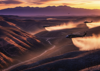 A viral, hyper-realistic YouTube thumbnail with a dramatic western wildfire recovery atmosphere. The background is a vast blackened Colorado landscape at golden hour with massive helicopters kicking up dust while dropping seed over steep burn scars, distant purple mountains under a fiery sunset sky. The composition uses a low-angle cinematic shot to focus on the main subject: a huge spinning helicopter rotor blade in sharp detail. The image features massive 3D typography with strict hierarchy: The Primary Text reads exactly: 'COLORADO FIGHTS BACK'. This text is massive, the largest element in the frame, rendered in molten orange chrome with glowing embers flying off the letters like real fire particles. The Secondary Text reads exactly: '265,000 Acres Rising'. This text is significantly smaller, positioned below the main text with a thick white outline and red glow border to pop against the dark terrain. 8k, Unreal Engine 5, cinematic render.