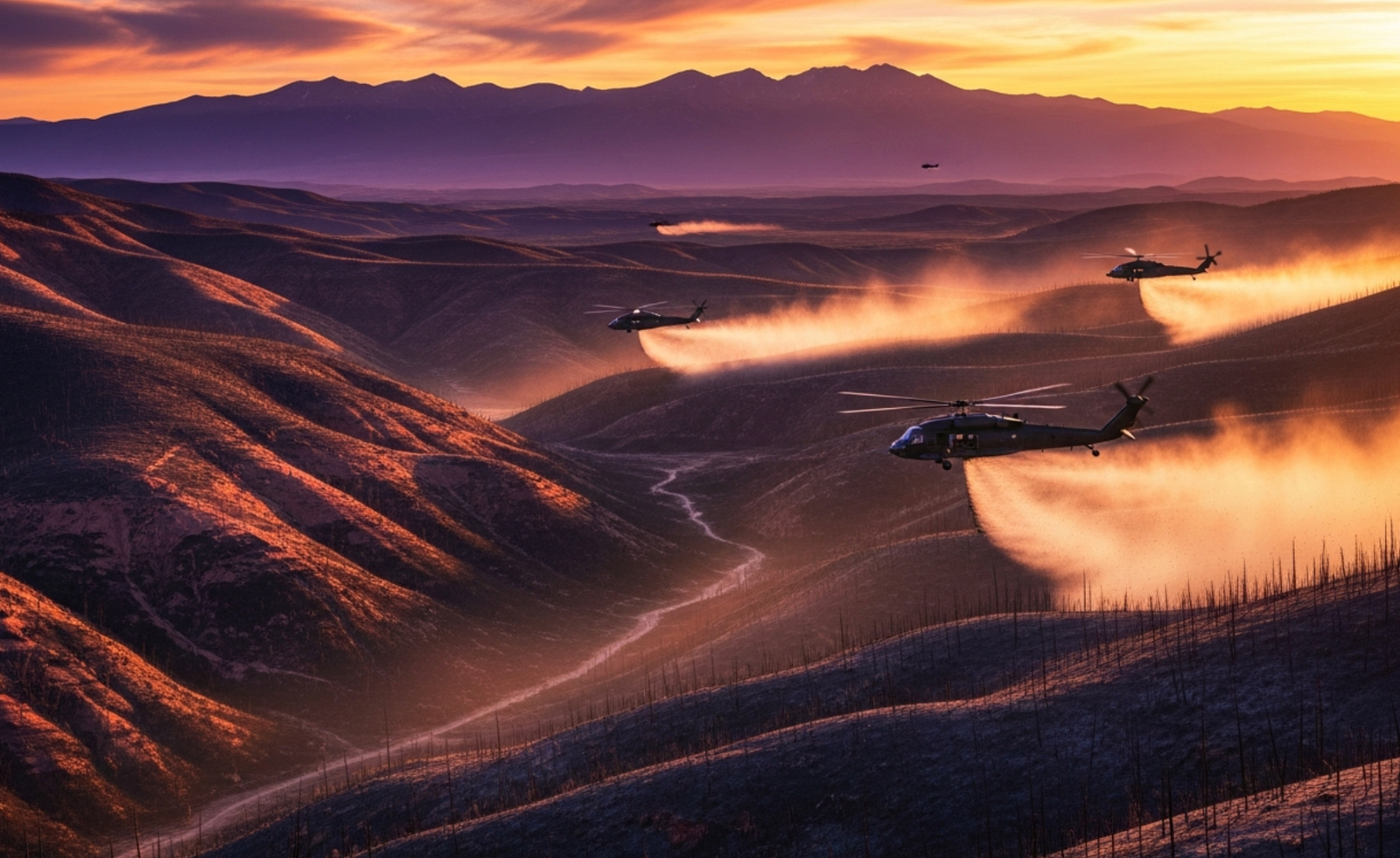 A viral, hyper-realistic YouTube thumbnail with a dramatic western wildfire recovery atmosphere. The background is a vast blackened Colorado landscape at golden hour with massive helicopters kicking up dust while dropping seed over steep burn scars, distant purple mountains under a fiery sunset sky. The composition uses a low-angle cinematic shot to focus on the main subject: a huge spinning helicopter rotor blade in sharp detail. The image features massive 3D typography with strict hierarchy: The Primary Text reads exactly: 'COLORADO FIGHTS BACK'. This text is massive, the largest element in the frame, rendered in molten orange chrome with glowing embers flying off the letters like real fire particles. The Secondary Text reads exactly: '265,000 Acres Rising'. This text is significantly smaller, positioned below the main text with a thick white outline and red glow border to pop against the dark terrain. 8k, Unreal Engine 5, cinematic render.