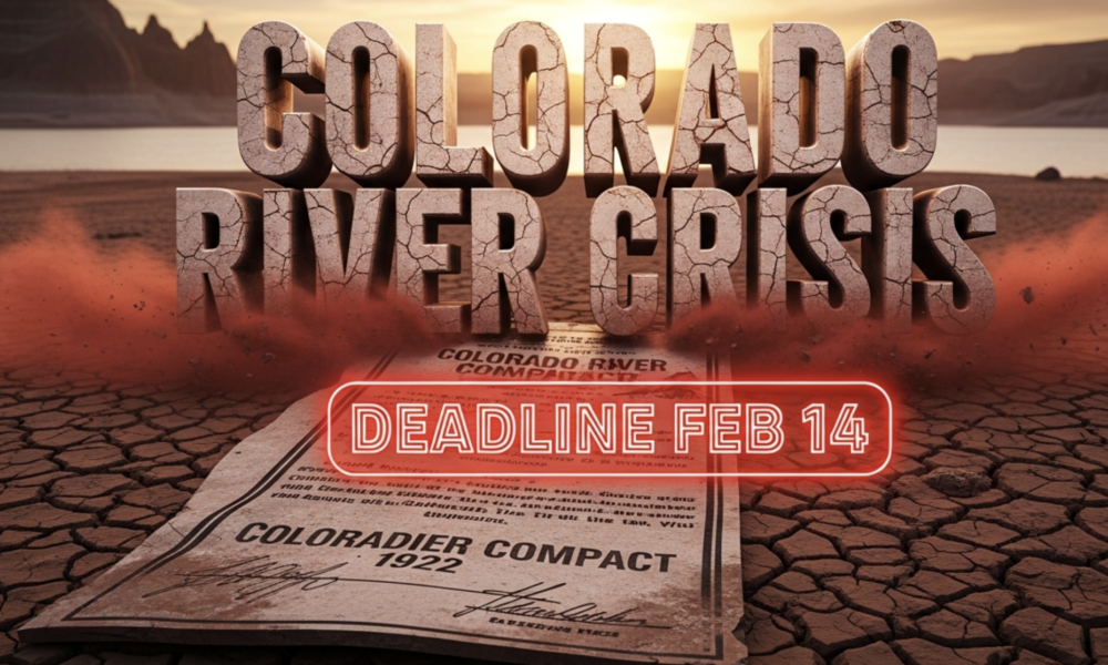 A viral, hyper-realistic YouTube thumbnail with a dramatic cinematic drought atmosphere. The background is a vast cracked dry lakebed of Lake Powell at sunset with deep orange glow and long shadows. The composition uses a low dramatic angle to focus on the main subject: a massive rusted Colorado River Compact 1922 document crumbling in the dry mud. The image features massive 3D typography with strict hierarchy: The Primary Text reads exactly: 'COLORADO RIVER CRISIS'. This text is massive, the largest element in the frame, rendered in weathered cracked stone with red dust blowing across it to look like a high-budget 3D render. The Secondary Text reads exactly: 'DEADLINE FEB 14'. This text is significantly smaller, positioned below the main text with a glowing red outline border sticker style to contrast against the background. Make sure text 2 is always different theme, style, effect and border compared to text 1. The text materials correspond to the story's concept. Crucial Instruction: There is absolutely NO other text, numbers, watermarks, or subtitles in this image other than these two specific lines. 8k, Unreal Engine 5, cinematic render.