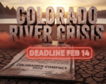 A viral, hyper-realistic YouTube thumbnail with a dramatic cinematic drought atmosphere. The background is a vast cracked dry lakebed of Lake Powell at sunset with deep orange glow and long shadows. The composition uses a low dramatic angle to focus on the main subject: a massive rusted Colorado River Compact 1922 document crumbling in the dry mud. The image features massive 3D typography with strict hierarchy: The Primary Text reads exactly: 'COLORADO RIVER CRISIS'. This text is massive, the largest element in the frame, rendered in weathered cracked stone with red dust blowing across it to look like a high-budget 3D render. The Secondary Text reads exactly: 'DEADLINE FEB 14'. This text is significantly smaller, positioned below the main text with a glowing red outline border sticker style to contrast against the background. Make sure text 2 is always different theme, style, effect and border compared to text 1. The text materials correspond to the story's concept. Crucial Instruction: There is absolutely NO other text, numbers, watermarks, or subtitles in this image other than these two specific lines. 8k, Unreal Engine 5, cinematic render.