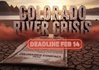 A viral, hyper-realistic YouTube thumbnail with a dramatic cinematic drought atmosphere. The background is a vast cracked dry lakebed of Lake Powell at sunset with deep orange glow and long shadows. The composition uses a low dramatic angle to focus on the main subject: a massive rusted Colorado River Compact 1922 document crumbling in the dry mud. The image features massive 3D typography with strict hierarchy: The Primary Text reads exactly: 'COLORADO RIVER CRISIS'. This text is massive, the largest element in the frame, rendered in weathered cracked stone with red dust blowing across it to look like a high-budget 3D render. The Secondary Text reads exactly: 'DEADLINE FEB 14'. This text is significantly smaller, positioned below the main text with a glowing red outline border sticker style to contrast against the background. Make sure text 2 is always different theme, style, effect and border compared to text 1. The text materials correspond to the story's concept. Crucial Instruction: There is absolutely NO other text, numbers, watermarks, or subtitles in this image other than these two specific lines. 8k, Unreal Engine 5, cinematic render.