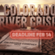 A viral, hyper-realistic YouTube thumbnail with a dramatic cinematic drought atmosphere. The background is a vast cracked dry lakebed of Lake Powell at sunset with deep orange glow and long shadows. The composition uses a low dramatic angle to focus on the main subject: a massive rusted Colorado River Compact 1922 document crumbling in the dry mud. The image features massive 3D typography with strict hierarchy: The Primary Text reads exactly: 'COLORADO RIVER CRISIS'. This text is massive, the largest element in the frame, rendered in weathered cracked stone with red dust blowing across it to look like a high-budget 3D render. The Secondary Text reads exactly: 'DEADLINE FEB 14'. This text is significantly smaller, positioned below the main text with a glowing red outline border sticker style to contrast against the background. Make sure text 2 is always different theme, style, effect and border compared to text 1. The text materials correspond to the story's concept. Crucial Instruction: There is absolutely NO other text, numbers, watermarks, or subtitles in this image other than these two specific lines. 8k, Unreal Engine 5, cinematic render.