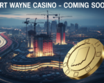A viral, hyper-realistic YouTube thumbnail with a dramatic casino/gambling atmosphere. The background is a moody nighttime Fort Wayne skyline with I-69 highway lights streaking below and massive casino resort construction cranes rising. Warm neon reds and golds mix with cold Indiana winter blues. The composition uses a dramatic low-angle shot looking up for power and scale. The main subject is a huge, gleaming golden casino chip floating in the foreground with Indiana state outline engraved on it. The image features massive 3D typography with strict hierarchy: The Primary Text reads exactly: 'FORT WAYNE CASINO'. This text is massive, rendered in glowing chrome with red neon edge lighting like high-end Vegas signage. The Secondary Text reads exactly: 'COMING SOON?'. This text is smaller, positioned below with thick white outline and red drop shadow sticker style. Crucial Instruction: There is absolutely NO other text, numbers, watermarks, or subtitles in this image other than these two specific lines. 8k, Unreal Engine 5, cinematic render.
