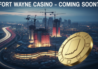 A viral, hyper-realistic YouTube thumbnail with a dramatic casino/gambling atmosphere. The background is a moody nighttime Fort Wayne skyline with I-69 highway lights streaking below and massive casino resort construction cranes rising. Warm neon reds and golds mix with cold Indiana winter blues. The composition uses a dramatic low-angle shot looking up for power and scale. The main subject is a huge, gleaming golden casino chip floating in the foreground with Indiana state outline engraved on it. The image features massive 3D typography with strict hierarchy: The Primary Text reads exactly: 'FORT WAYNE CASINO'. This text is massive, rendered in glowing chrome with red neon edge lighting like high-end Vegas signage. The Secondary Text reads exactly: 'COMING SOON?'. This text is smaller, positioned below with thick white outline and red drop shadow sticker style. Crucial Instruction: There is absolutely NO other text, numbers, watermarks, or subtitles in this image other than these two specific lines. 8k, Unreal Engine 5, cinematic render.