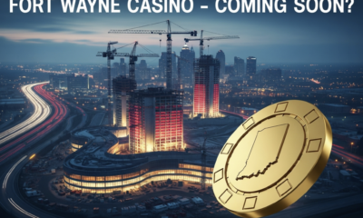 A viral, hyper-realistic YouTube thumbnail with a dramatic casino/gambling atmosphere. The background is a moody nighttime Fort Wayne skyline with I-69 highway lights streaking below and massive casino resort construction cranes rising. Warm neon reds and golds mix with cold Indiana winter blues. The composition uses a dramatic low-angle shot looking up for power and scale. The main subject is a huge, gleaming golden casino chip floating in the foreground with Indiana state outline engraved on it. The image features massive 3D typography with strict hierarchy: The Primary Text reads exactly: 'FORT WAYNE CASINO'. This text is massive, rendered in glowing chrome with red neon edge lighting like high-end Vegas signage. The Secondary Text reads exactly: 'COMING SOON?'. This text is smaller, positioned below with thick white outline and red drop shadow sticker style. Crucial Instruction: There is absolutely NO other text, numbers, watermarks, or subtitles in this image other than these two specific lines. 8k, Unreal Engine 5, cinematic render.