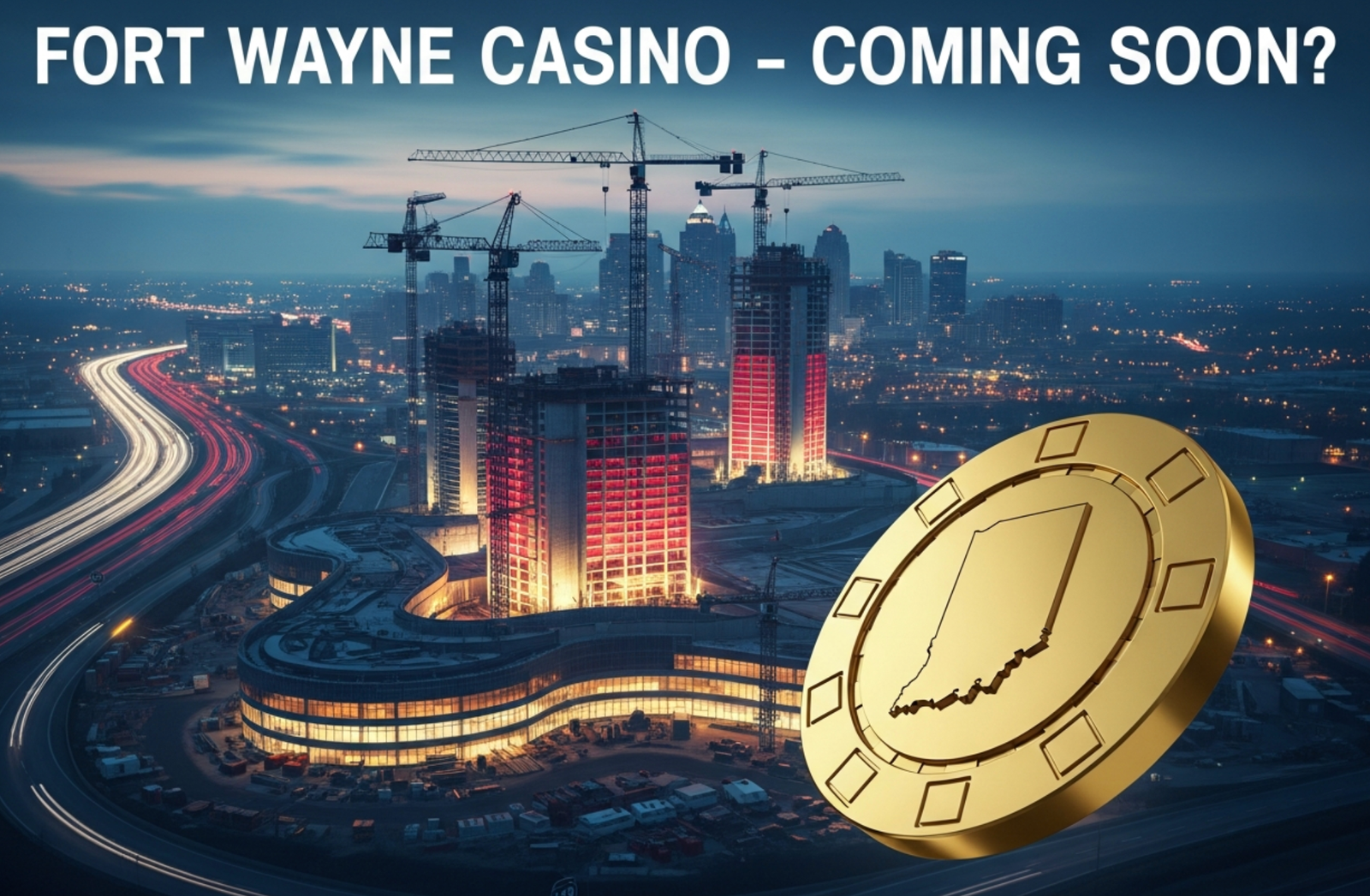 A viral, hyper-realistic YouTube thumbnail with a dramatic casino/gambling atmosphere. The background is a moody nighttime Fort Wayne skyline with I-69 highway lights streaking below and massive casino resort construction cranes rising. Warm neon reds and golds mix with cold Indiana winter blues. The composition uses a dramatic low-angle shot looking up for power and scale. The main subject is a huge, gleaming golden casino chip floating in the foreground with Indiana state outline engraved on it. The image features massive 3D typography with strict hierarchy: The Primary Text reads exactly: 'FORT WAYNE CASINO'. This text is massive, rendered in glowing chrome with red neon edge lighting like high-end Vegas signage. The Secondary Text reads exactly: 'COMING SOON?'. This text is smaller, positioned below with thick white outline and red drop shadow sticker style. Crucial Instruction: There is absolutely NO other text, numbers, watermarks, or subtitles in this image other than these two specific lines. 8k, Unreal Engine 5, cinematic render.